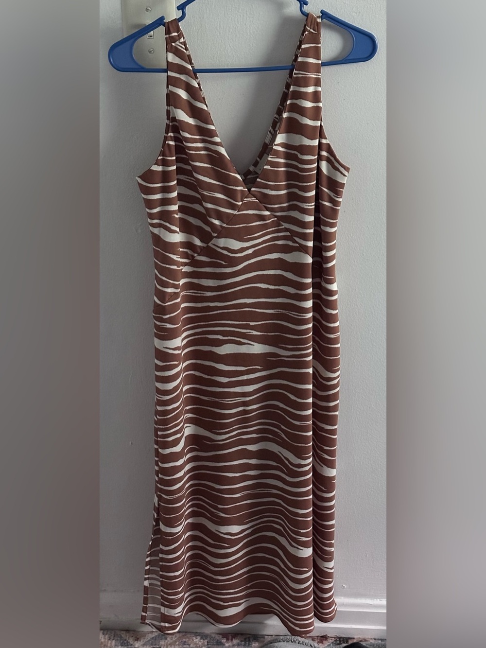 A New Day • Sleeveless Brown & White Zebra-Stripe Slip Dress (Size M)